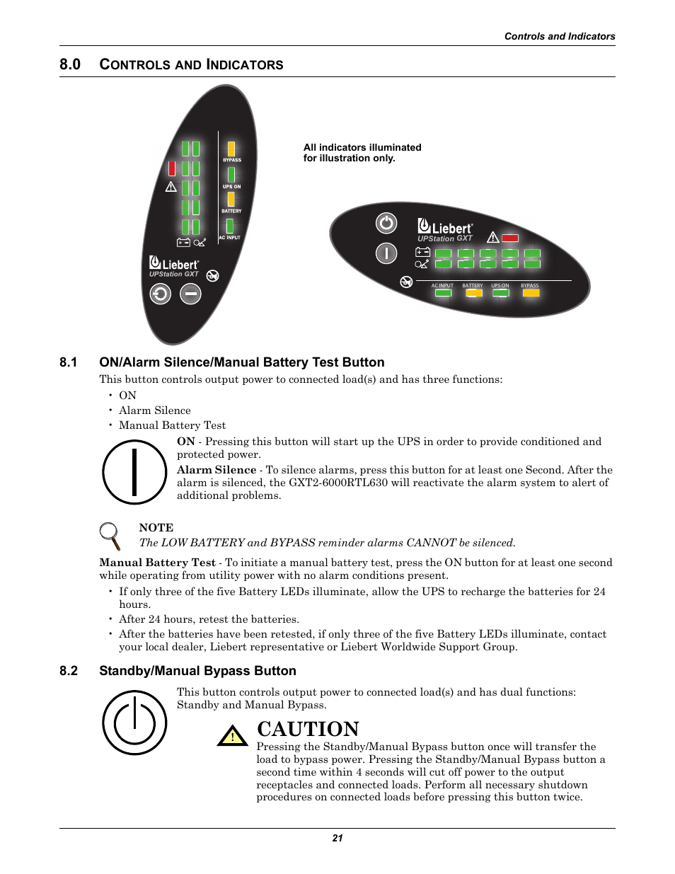 0 controls and indicators, 1 on/alarm silence/manual battery test button, 2 standby/manual bypass button | Ontrols, Ndicators, On/alarm silence/manual battery test button, Standby/manual bypass button, Caution | Liebert GXT2-6000RTL630 User Manual | Page 25 / 44