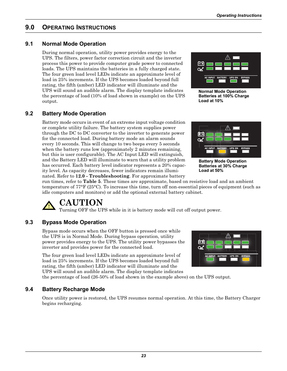 0 operating instructions, 1 normal mode operation, 2 battery mode operation | 3 bypass mode operation, 4 battery recharge mode, Perating, Nstructions, Normal mode operation, Battery mode operation, Bypass mode operation | Liebert GXT2-6000RTL630 User Manual | Page 27 / 44