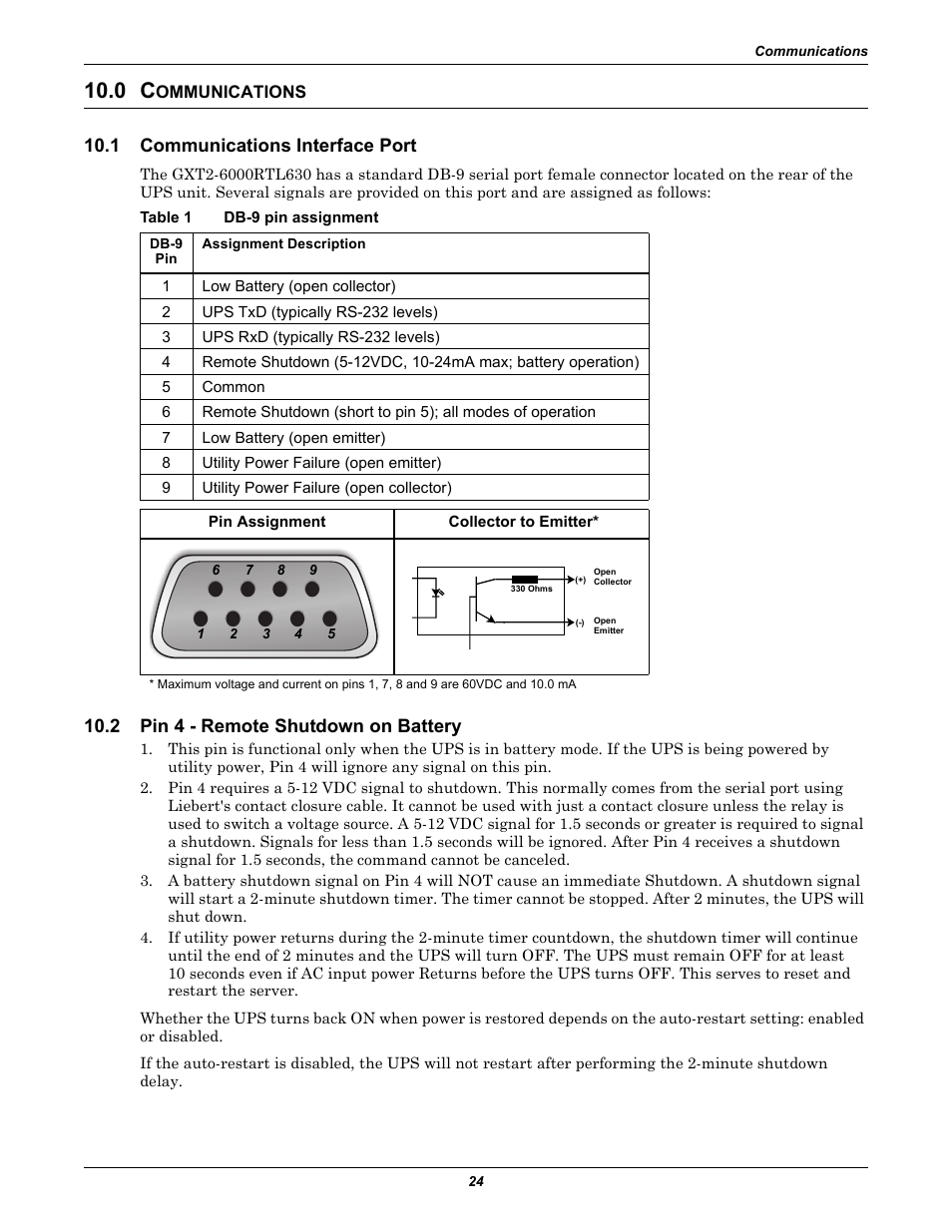 0 communications, 1 communications interface port, Table 1 db-9 pin assignment | 2 pin 4 - remote shutdown on battery, Ommunications, Communications interface port, Pin 4 - remote shutdown on battery, Db-9 pin assignment | Liebert GXT2-6000RTL630 User Manual | Page 28 / 44