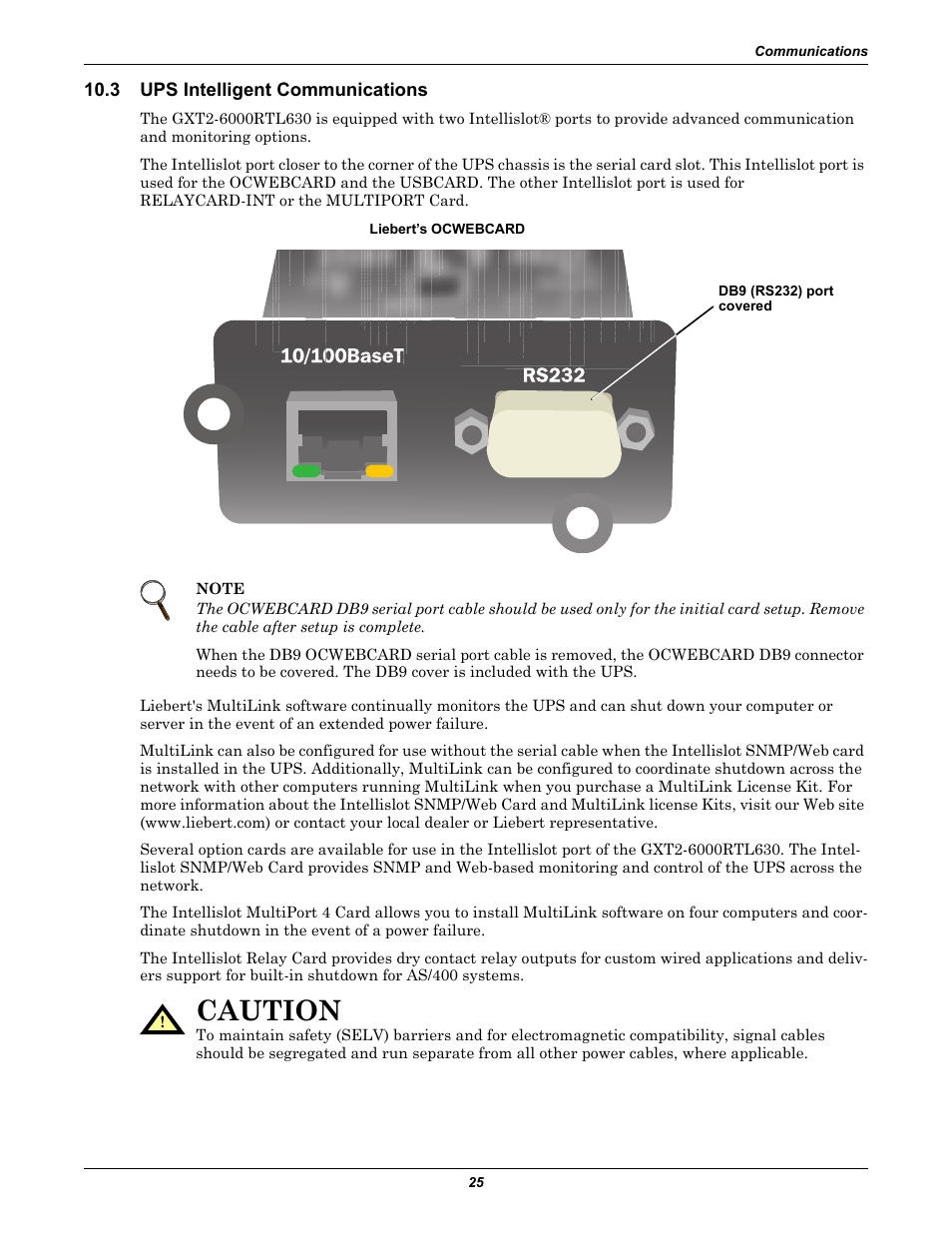 3 ups intelligent communications, Ups intelligent communications, Caution | Liebert GXT2-6000RTL630 User Manual | Page 29 / 44