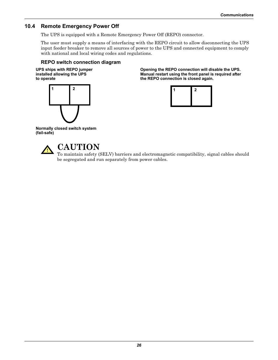4 remote emergency power off, Repo switch connection diagram, Remote emergency power off | Caution | Liebert GXT2-6000RTL630 User Manual | Page 30 / 44