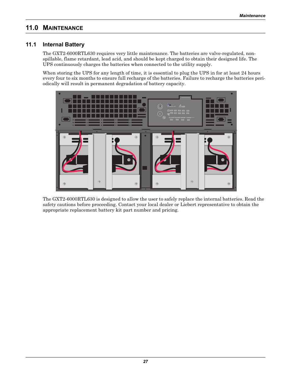 0 maintenance, 1 internal battery, Aintenance | Internal battery | Liebert GXT2-6000RTL630 User Manual | Page 31 / 44