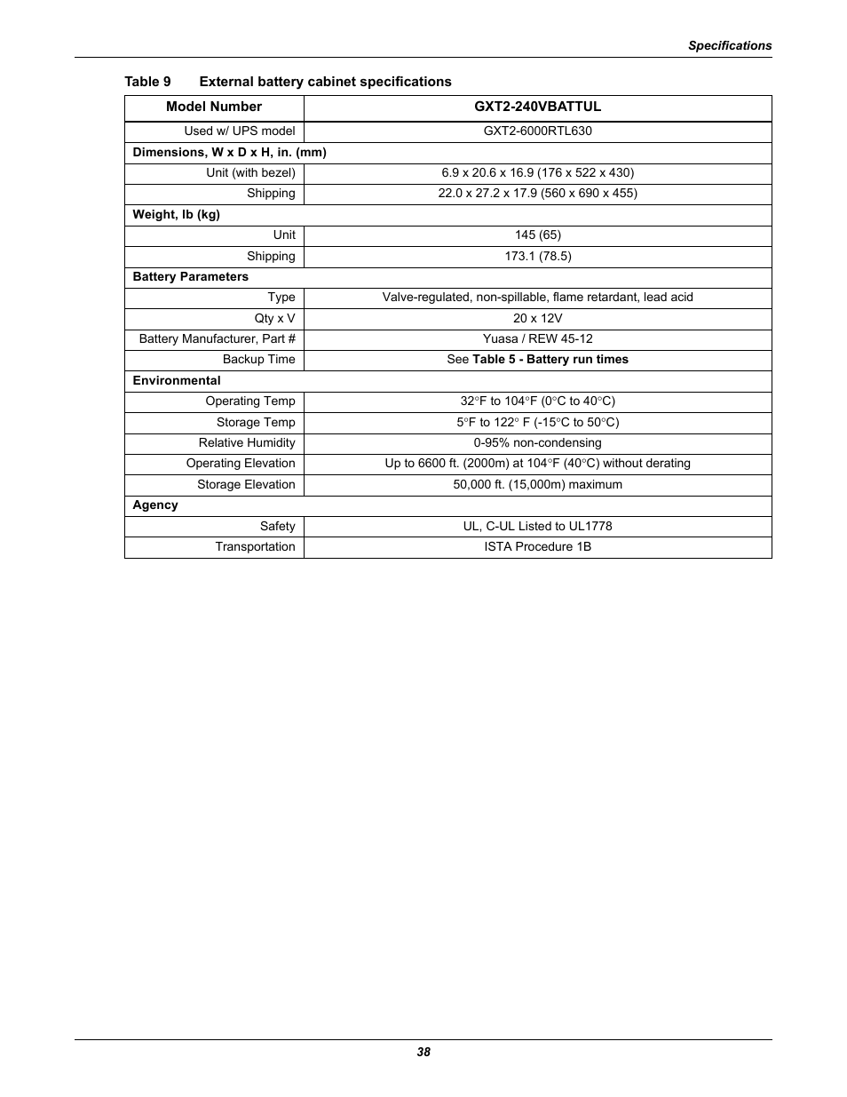 Table 9 external battery cabinet specifications, Table 9, External battery cabinet specifications | Liebert GXT2-6000RTL630 User Manual | Page 42 / 44