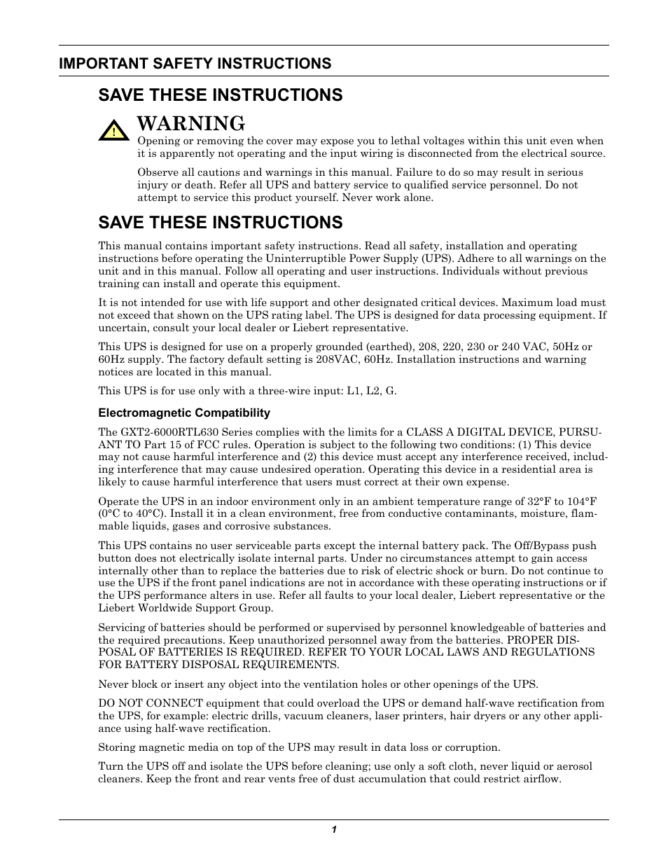 Important safety instructions, Save these instructions, Electromagnetic compatibility | Warning | Liebert GXT2-6000RTL630 User Manual | Page 5 / 44