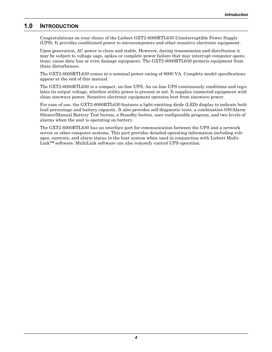 0 introduction, Ntroduction | Liebert GXT2-6000RTL630 User Manual | Page 8 / 44