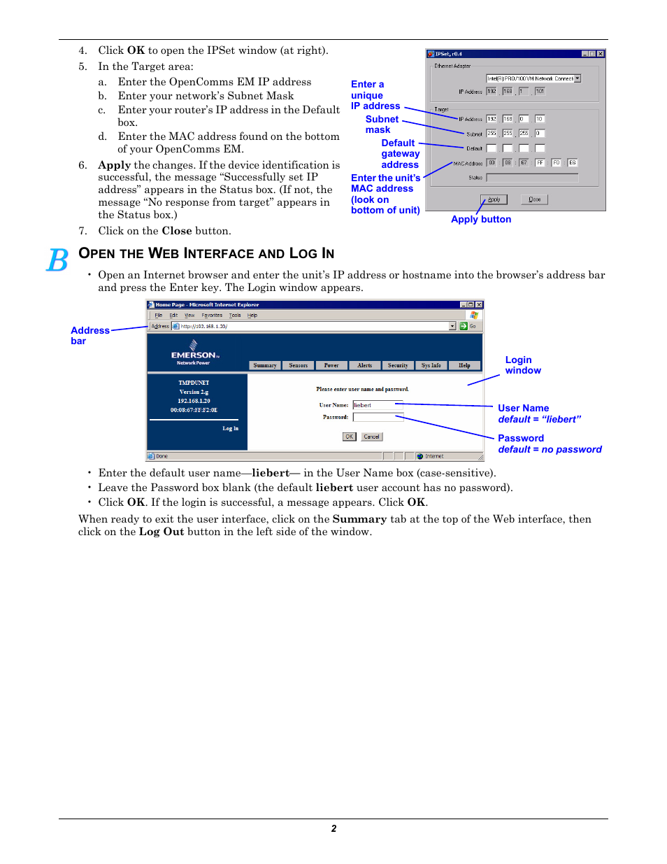 Open the web interface and log in | Liebert MP-C5120 User Manual | Page 2 / 4
