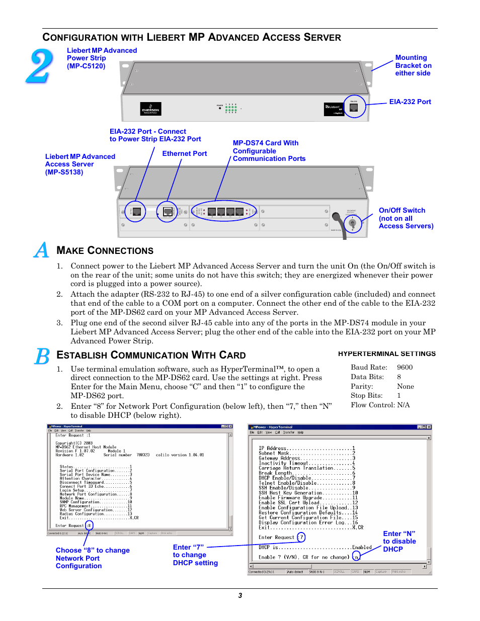 Make connections, Establish communication with card, Mp a | Onfiguration, With, Iebert, Dvanced, Ccess, Erver, Onnections | Liebert MP-C5120 User Manual | Page 3 / 4