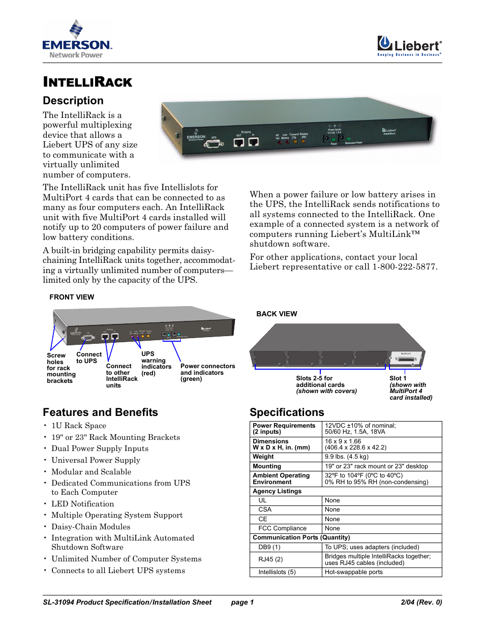 Liebert IntelliRack User Manual | 2 pages