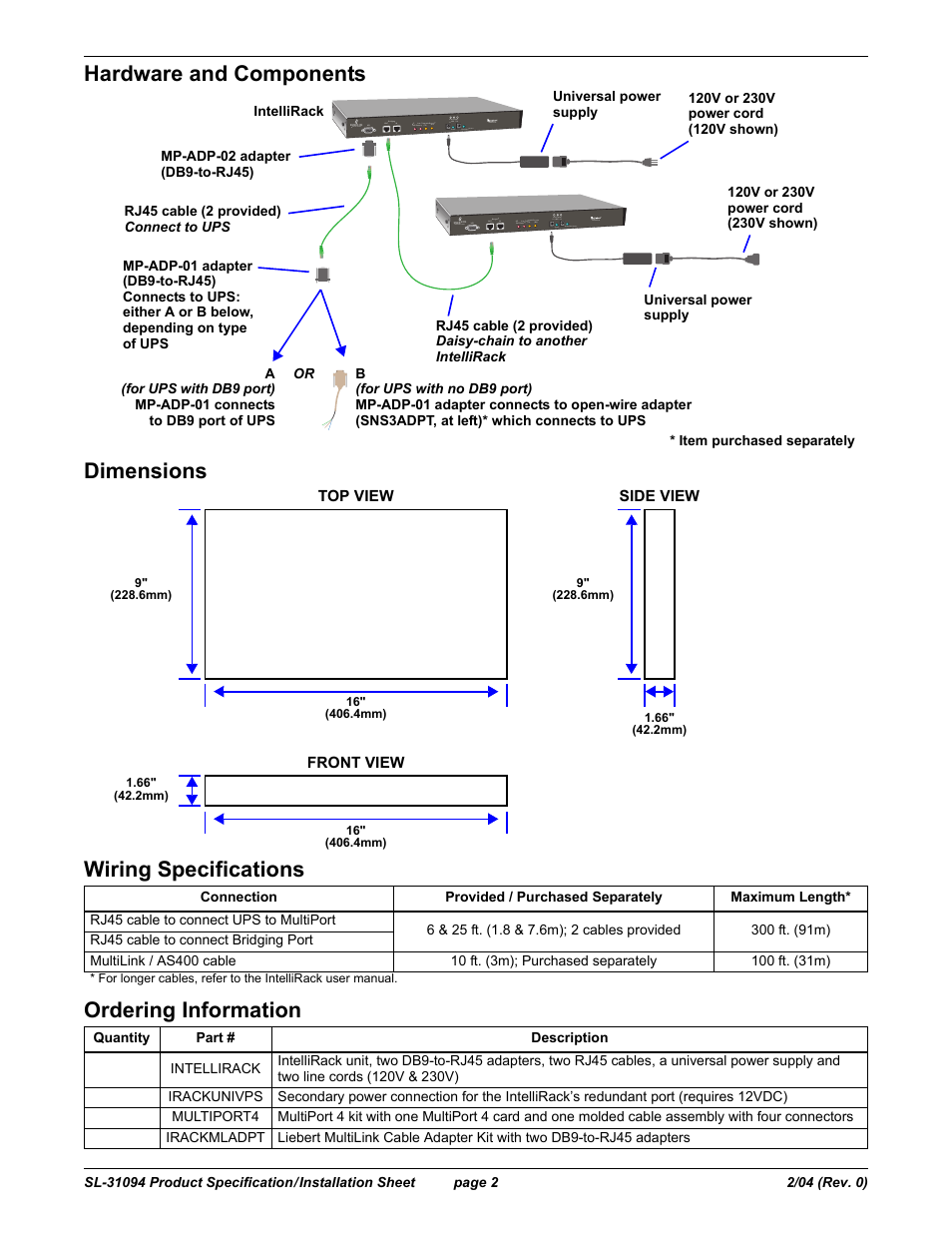 Hardware and components, Dimensions, Wiring specifications | Ordering information | Liebert IntelliRack User Manual | Page 2 / 2