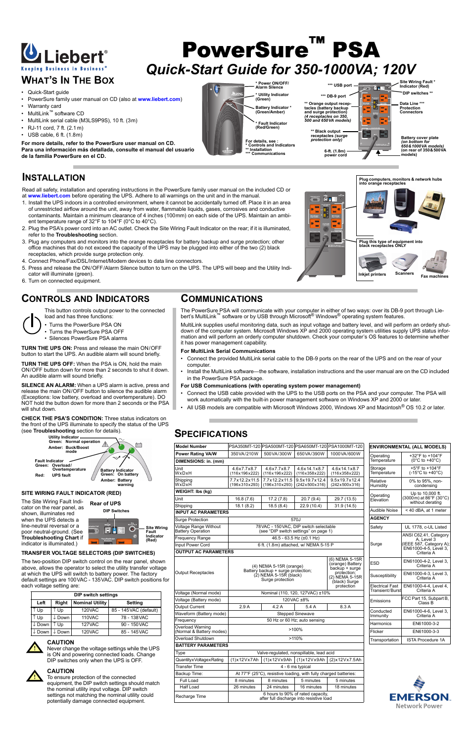 Liebert PowerSure PSA 350-1000VA User Manual | 2 pages