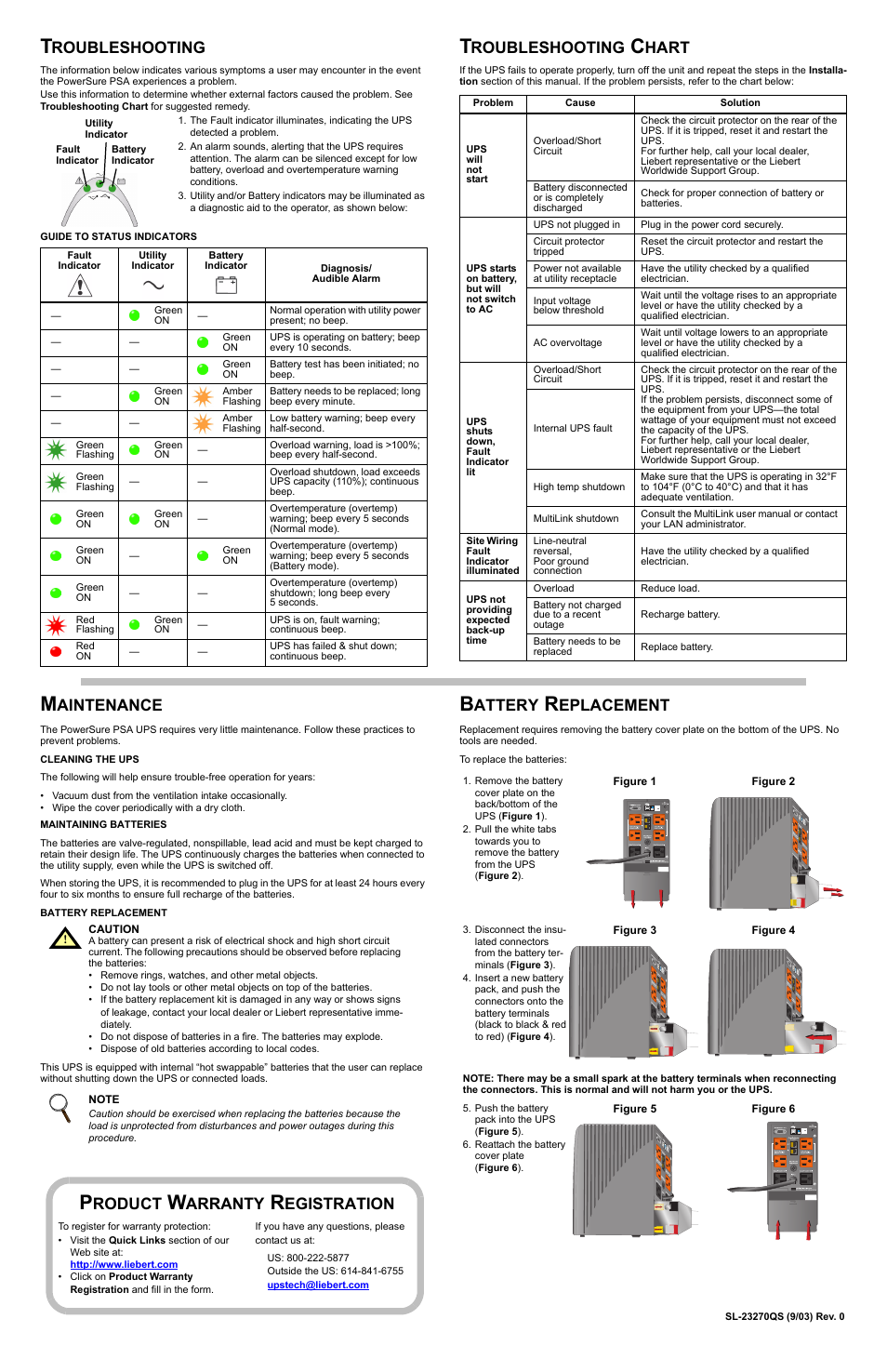 Troubleshooting, Maintenance, Troubleshooting chart | Product warranty registration, Battery replacement, Roubleshooting, Aintenance, Hart, Roduct, Arranty | Liebert PowerSure PSA 350-1000VA User Manual | Page 2 / 2