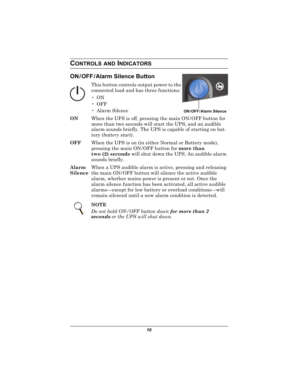 Controls and indicators, On/off/alarm silence button, Ontrols | Ndicators, On/off/alarm silence button | Liebert 500-650 VA User Manual | Page 14 / 24