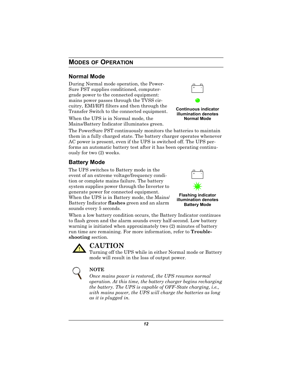Modes of operation, Normal mode, Battery mode | Odes, Peration, Normal mode battery mode, Caution | Liebert 500-650 VA User Manual | Page 16 / 24