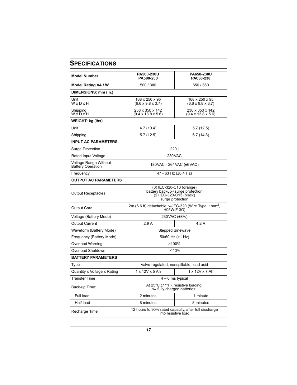 Specifications, Pecifications | Liebert 500-650 VA User Manual | Page 21 / 24