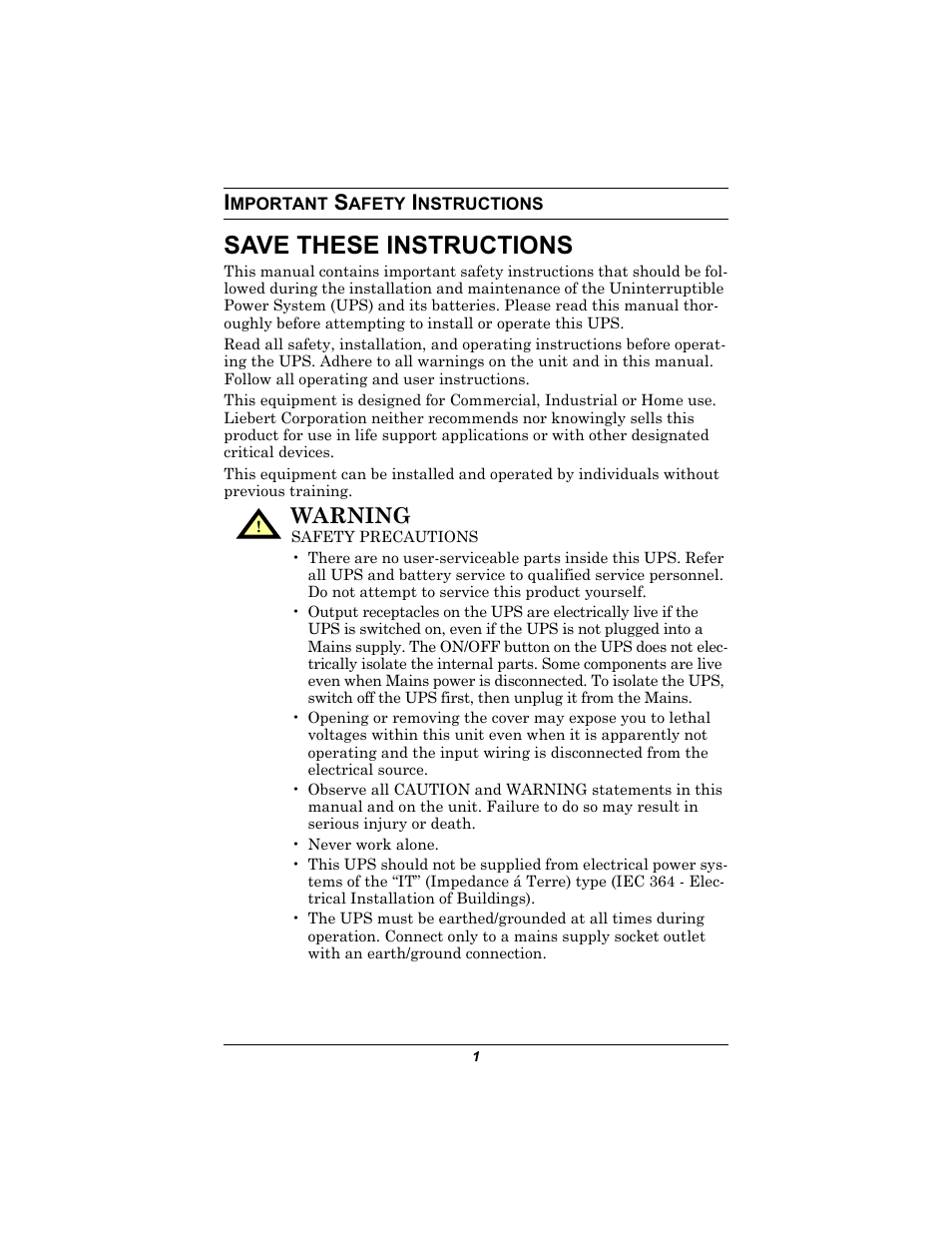 Important safety instructions, Mportant, Afety | Nstructions, Save these instructions, Warning | Liebert 500-650 VA User Manual | Page 5 / 24