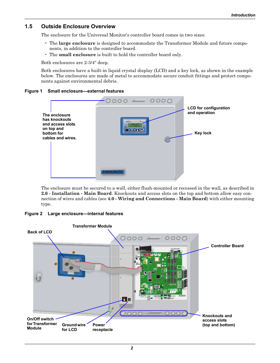 5 outside enclosure overview, Figure 1 small enclosure—external features, Figure 2 large enclosure—internal features | Outside enclosure overview, Small enclosure—external features, Figure 2, Large enclosure—internal features, Introduction 2, Start, Top) on (bottom) | Liebert Universal Monitor User Manual | Page 10 / 144