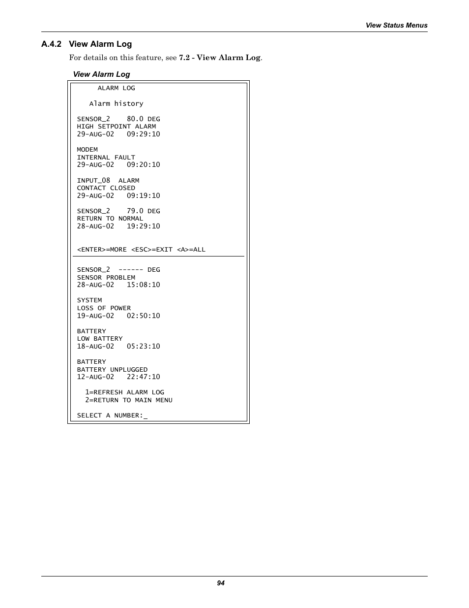 A.4.2 view alarm log, A.4.2, View alarm log | Section a.4.2 | Liebert Universal Monitor User Manual | Page 102 / 144
