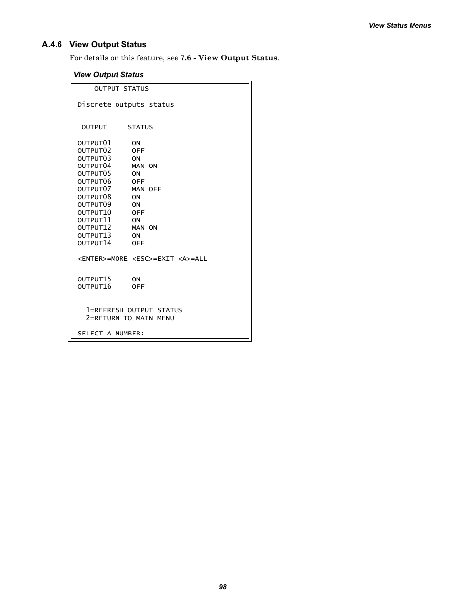 A.4.6 view output status, A.4.6, View output status | Section a.4.6 | Liebert Universal Monitor User Manual | Page 106 / 144