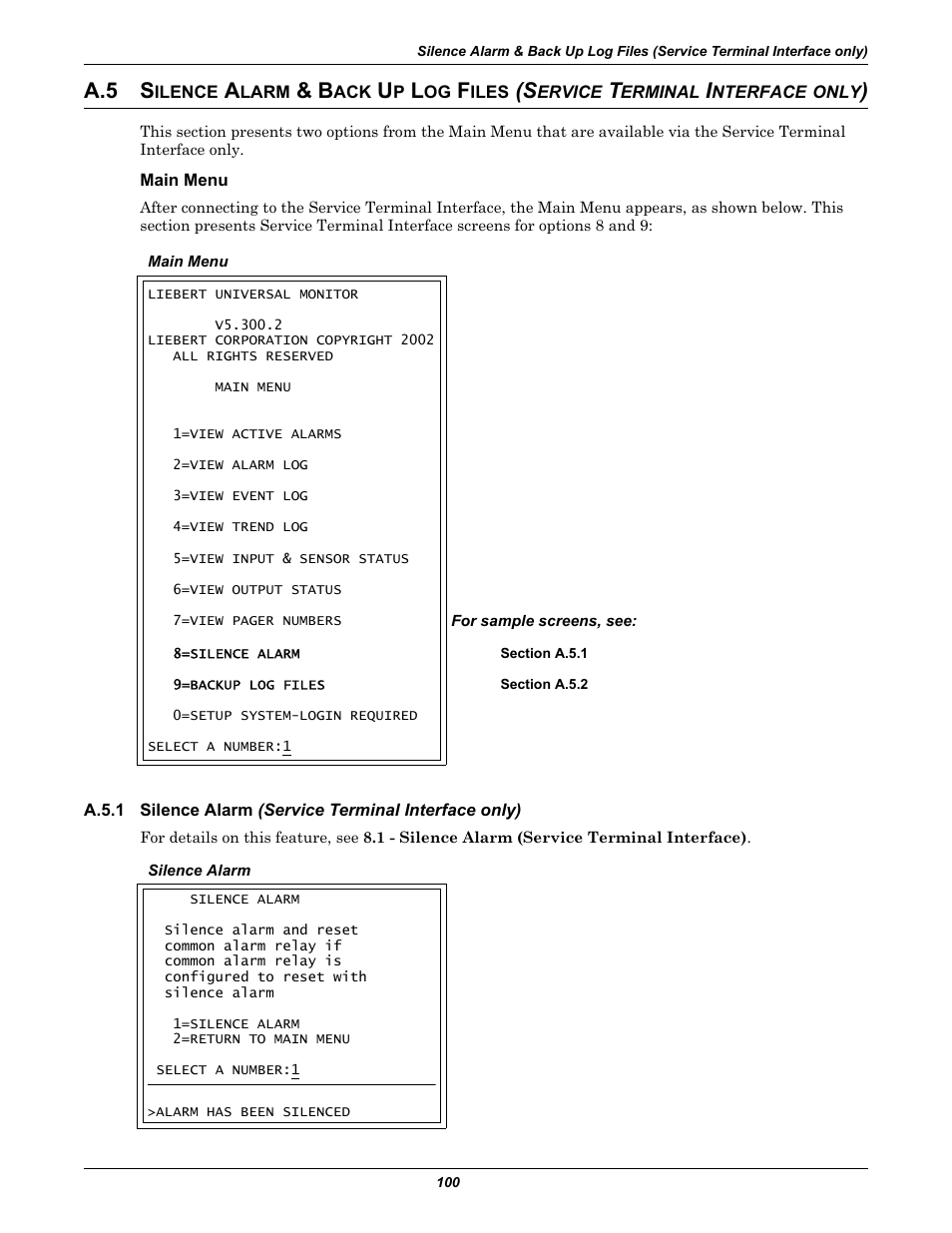 Main menu, Silence alarm & back up log files (ser, Silence alarm | A.5 s | Liebert Universal Monitor User Manual | Page 108 / 144