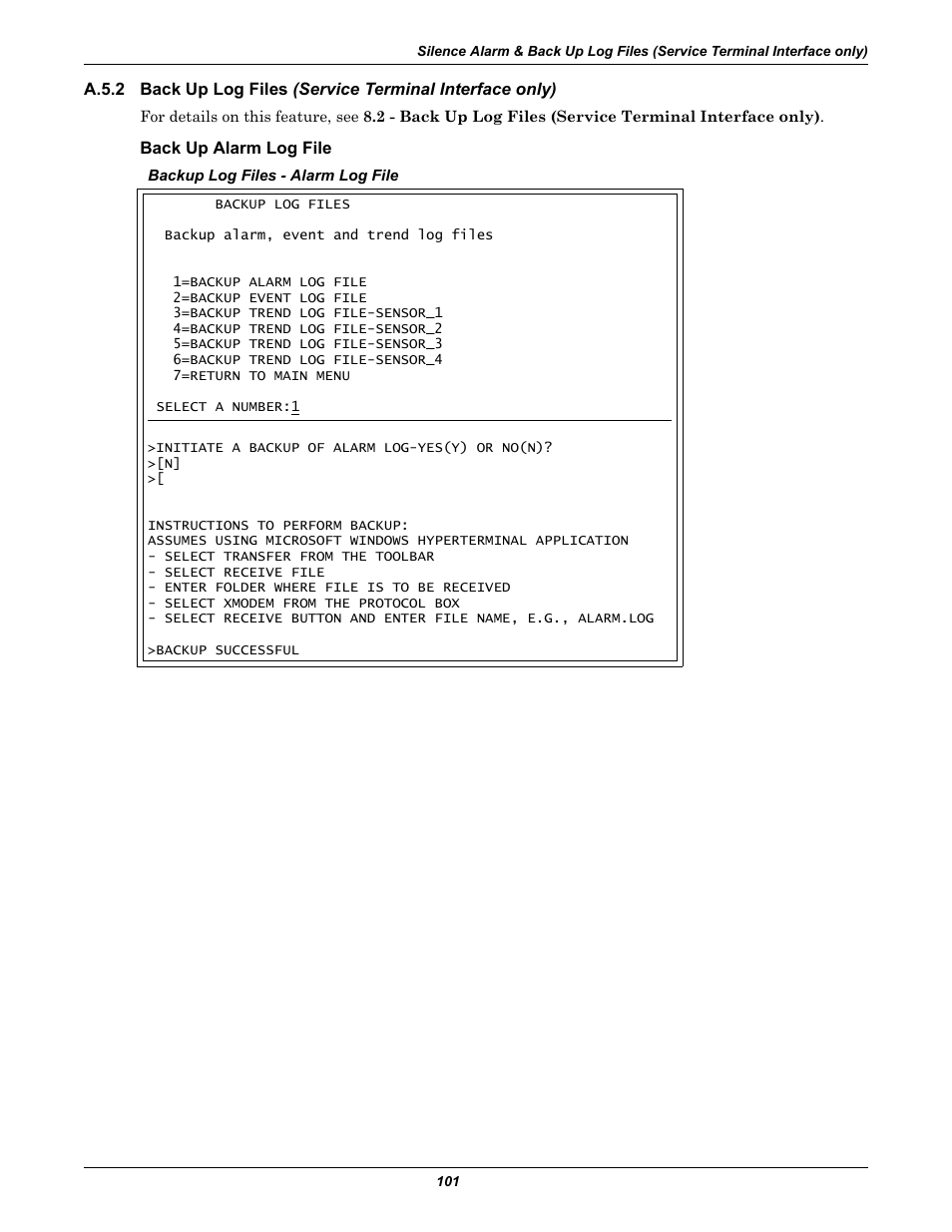 Back up alarm log file, Back up log files (service terminal | Liebert Universal Monitor User Manual | Page 109 / 144