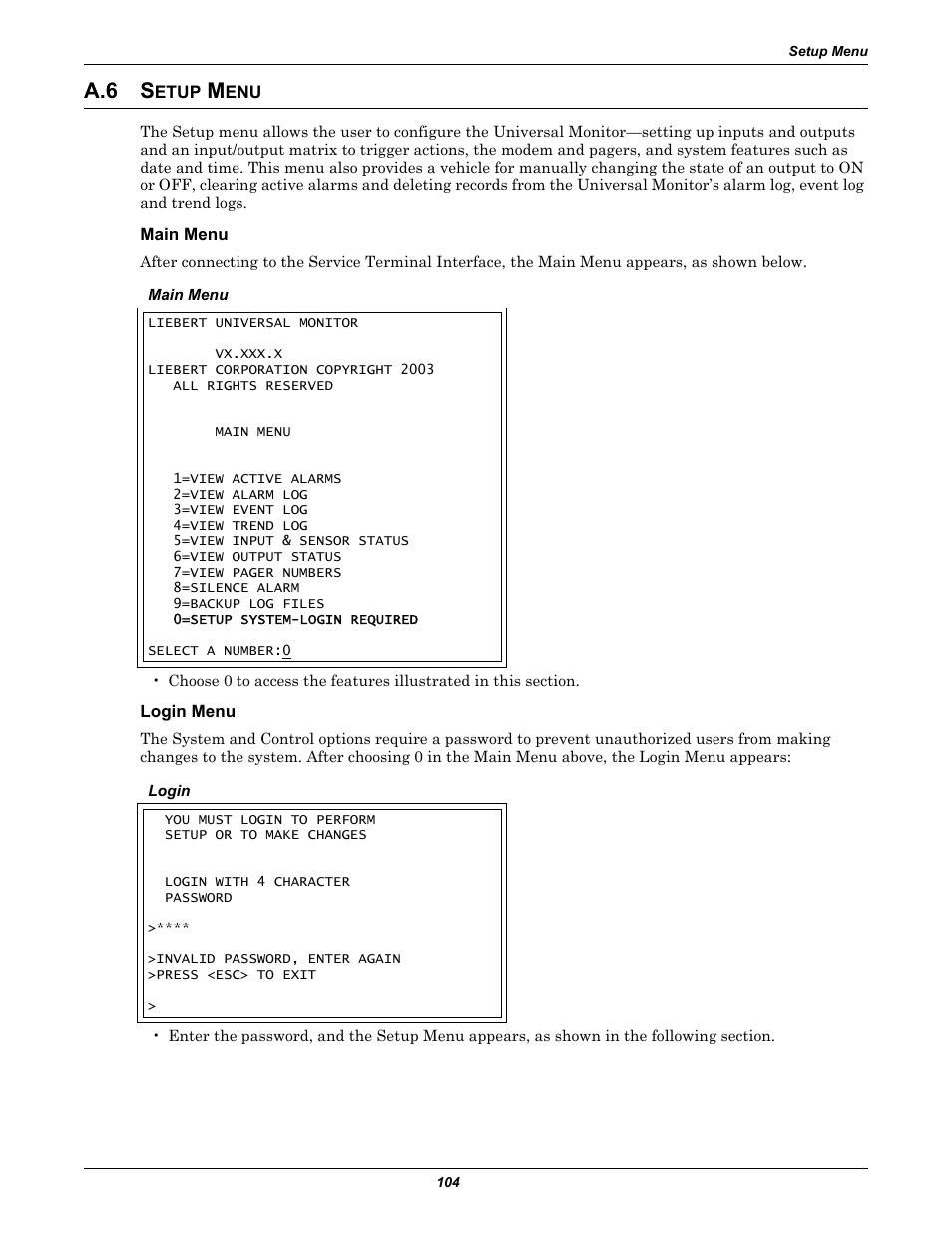 A.6 setup menu, Main menu, Login menu | Setup menu, A.6 s | Liebert Universal Monitor User Manual | Page 112 / 144