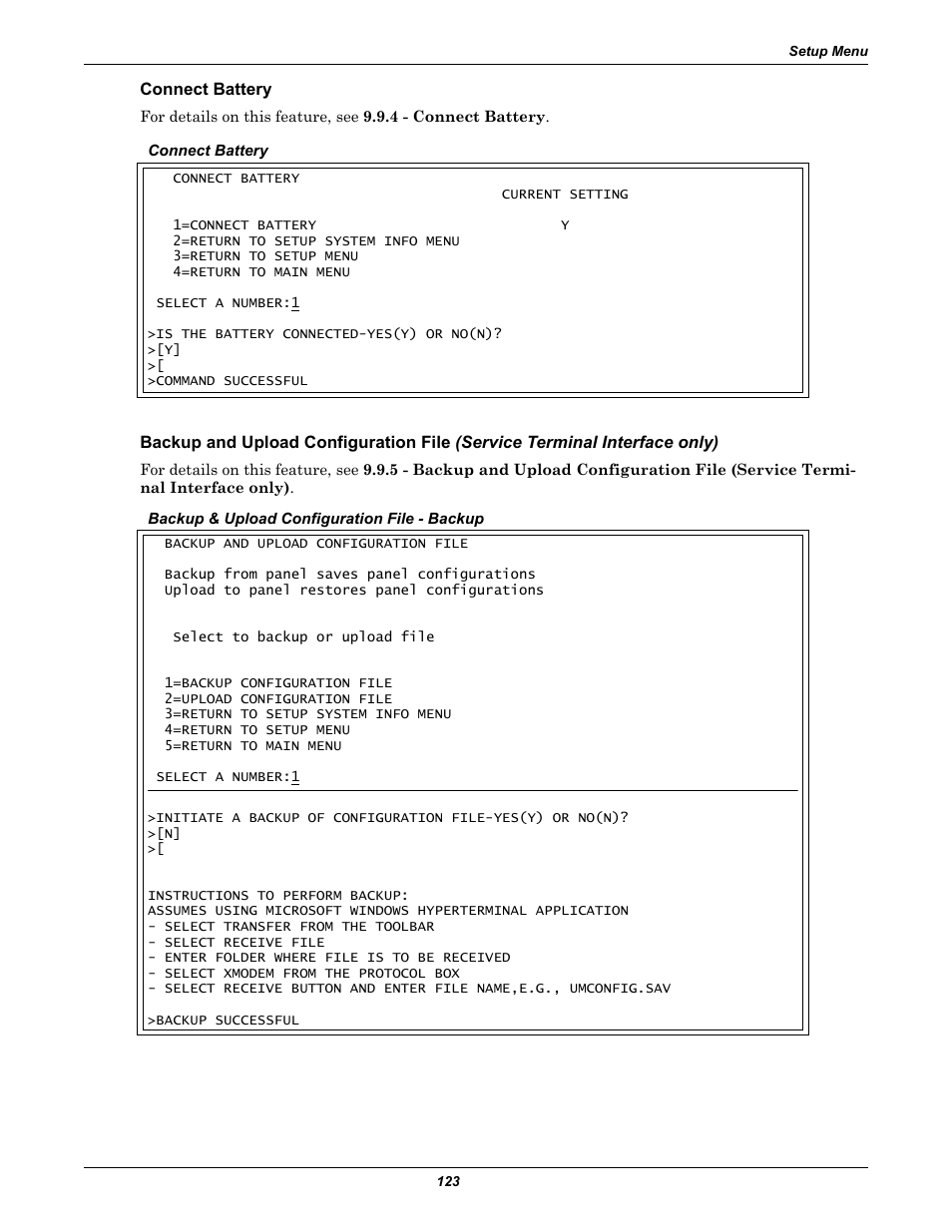 Connect battery, See backup and upload configuration file, Service terminal interface only) in | Liebert Universal Monitor User Manual | Page 131 / 144