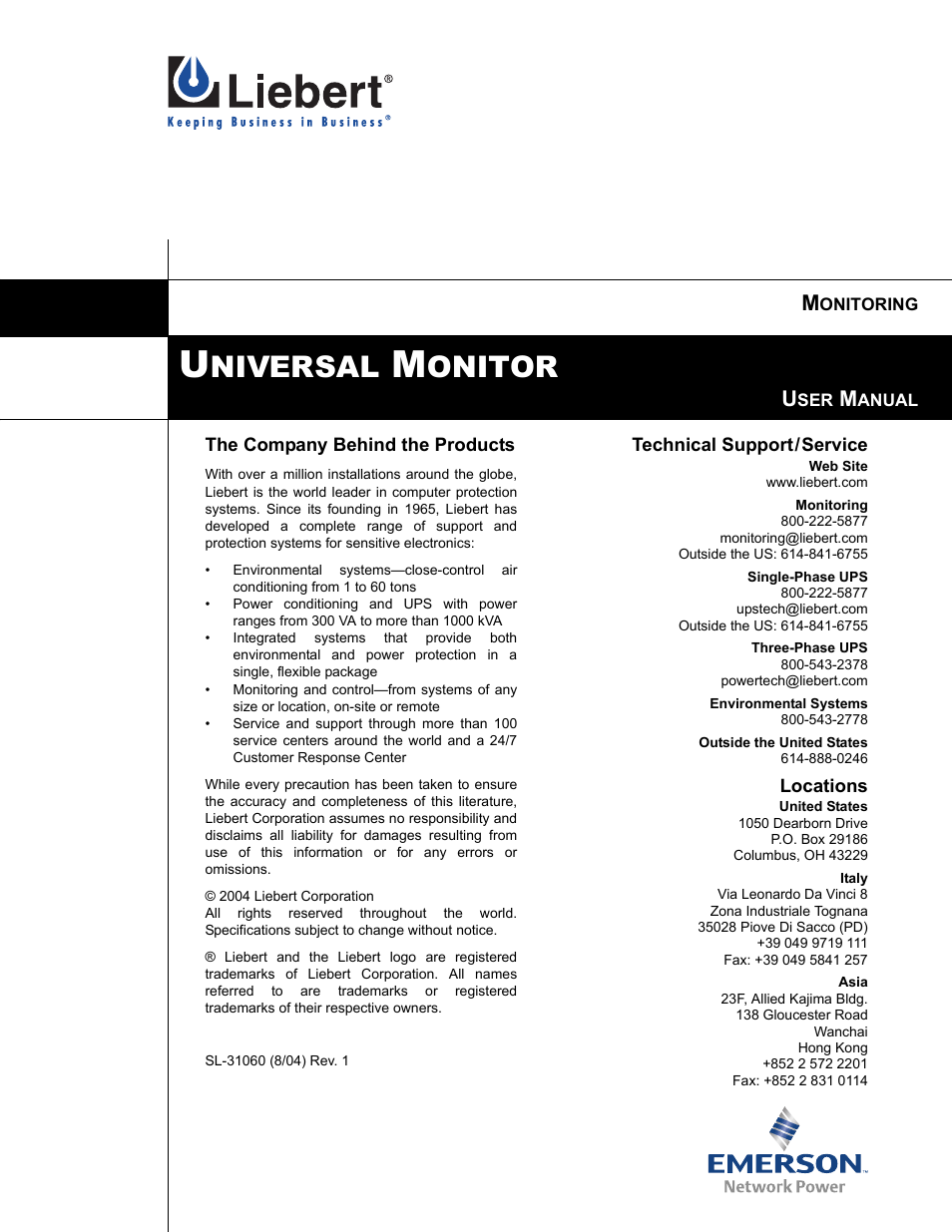 Niversal, Onitor | Liebert Universal Monitor User Manual | Page 144 / 144