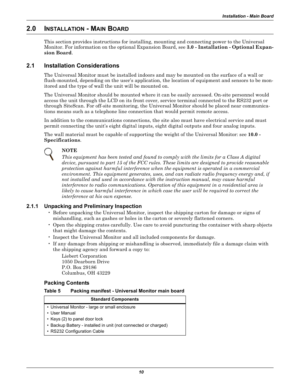 0 installation - main board, 1 installation considerations, 1 unpacking and preliminary inspection | Packing contents, Nstallation, Oard, Installation considerations, Unpacking and preliminary inspection, Table 5, Packing manifest - universal monitor main board | Liebert Universal Monitor User Manual | Page 18 / 144