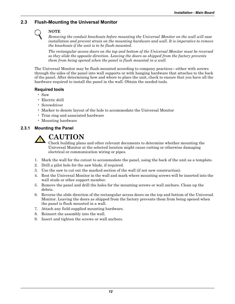 3 flush-mounting the universal monitor, Required tools, 1 mounting the panel | Flush-mounting the universal monitor, Mounting the panel, Caution | Liebert Universal Monitor User Manual | Page 20 / 144