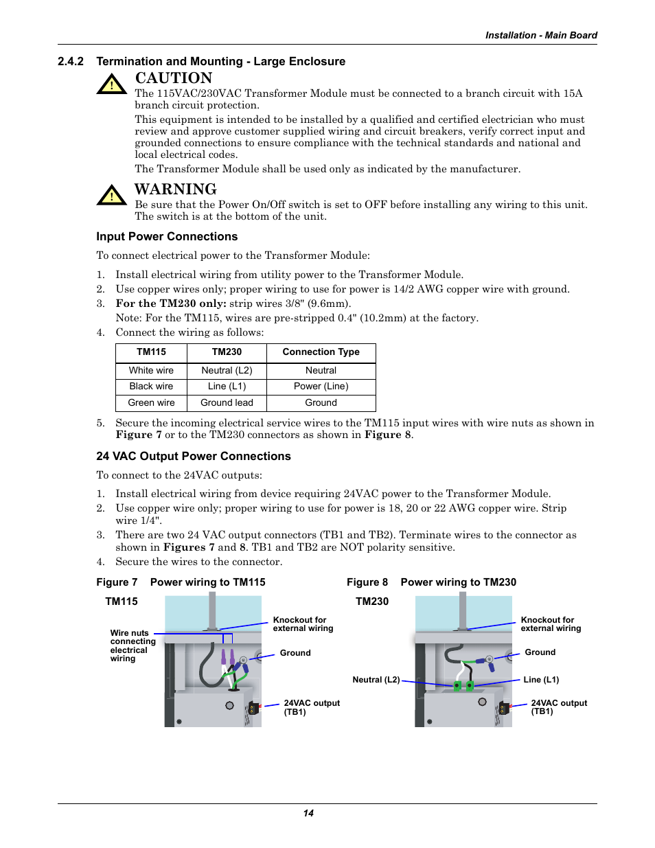 2 termination and mounting - large enclosure, Input power connections, 24 vac output power connections | Figure 7 power wiring to tm115, Figure 8 power wiring to tm230, Termination and mounting - large enclosure, Figure 7, Power wiring to tm115, Figure 8, Power wiring to tm230 | Liebert Universal Monitor User Manual | Page 22 / 144
