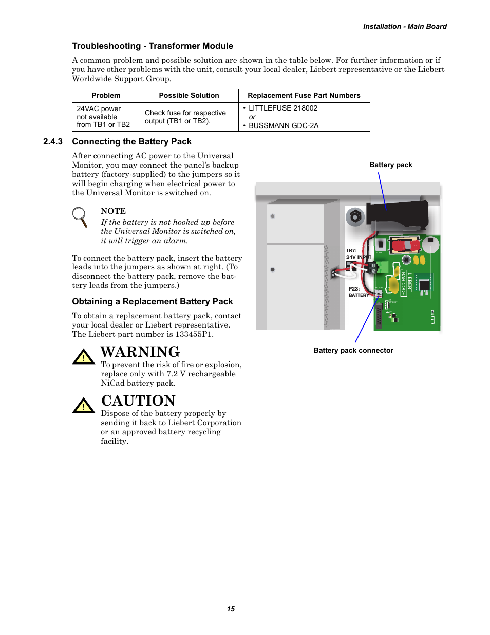 Troubleshooting - transformer module, 3 connecting the battery pack, Obtaining a replacement battery pack | Connecting the battery pack, Warning, Caution | Liebert Universal Monitor User Manual | Page 23 / 144