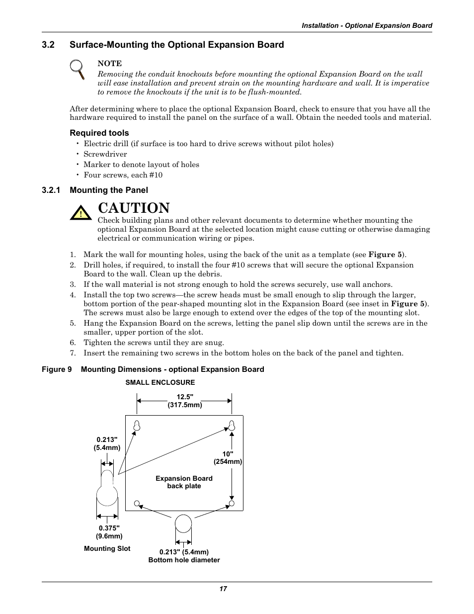 2 surface-mounting the optional expansion board, Required tools, 1 mounting the panel | Surface-mounting the optional expansion board, Mounting the panel, Figure 9, Mounting dimensions - optional expansion board, Caution | Liebert Universal Monitor User Manual | Page 25 / 144