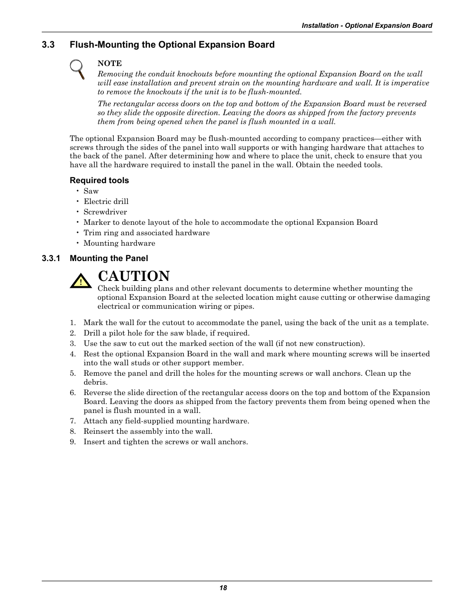 3 flush-mounting the optional expansion board, Required tools, 1 mounting the panel | Flush-mounting the optional expansion board, Mounting the panel, Caution | Liebert Universal Monitor User Manual | Page 26 / 144