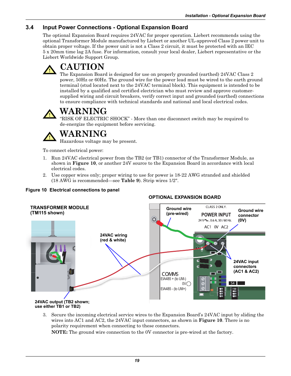 Figure 10 electrical connections to panel, Input power connections - optional expansion board, Input power connections | Optional expansion board, Caution, Warning | Liebert Universal Monitor User Manual | Page 27 / 144
