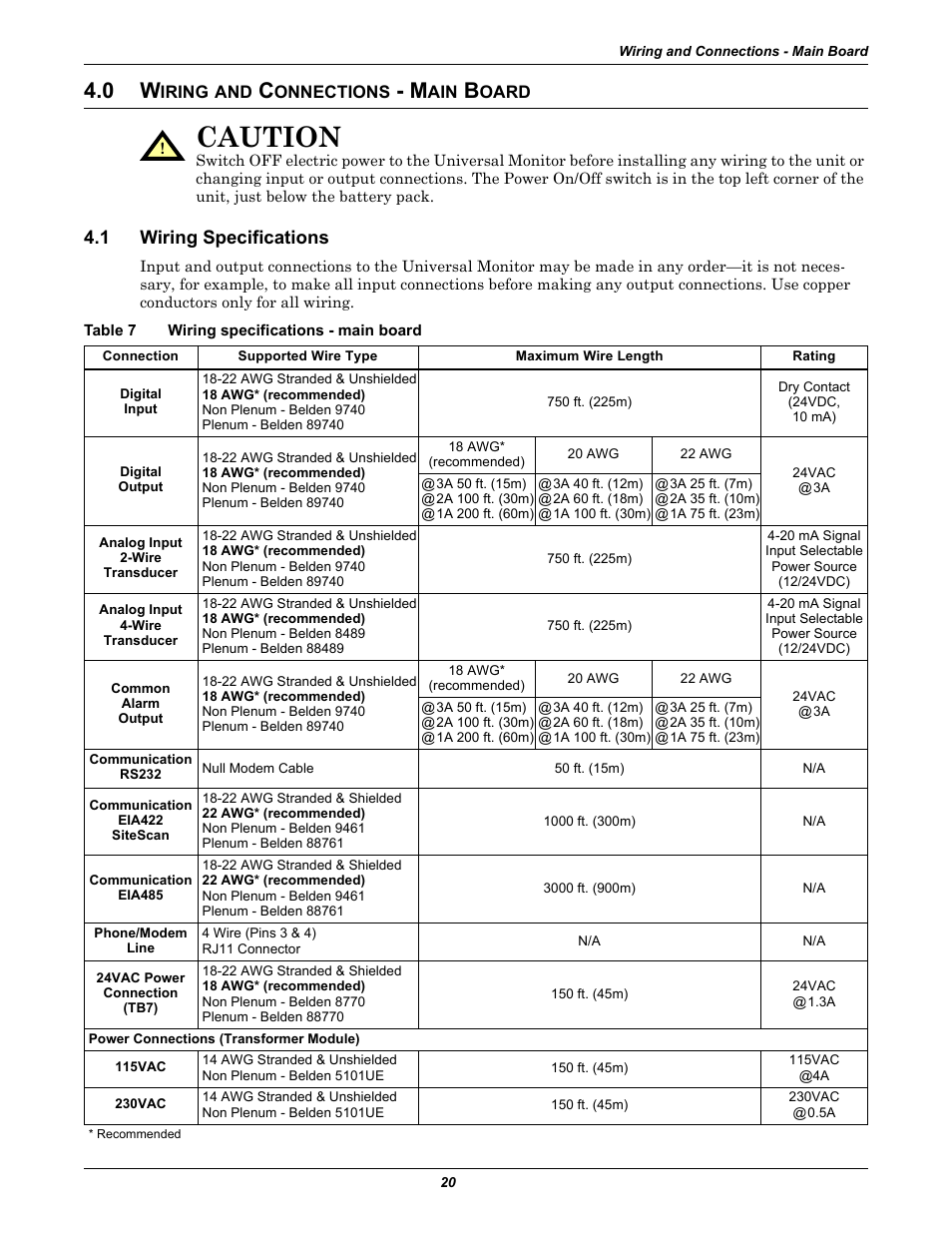 0 wiring and connections - main board, 1 wiring specifications, Table 7 wiring specifications - main board | Iring, Onnections, Oard, Wiring specifications, Table 7, Wiring specifications - main board, Wiring and connections | Liebert Universal Monitor User Manual | Page 28 / 144