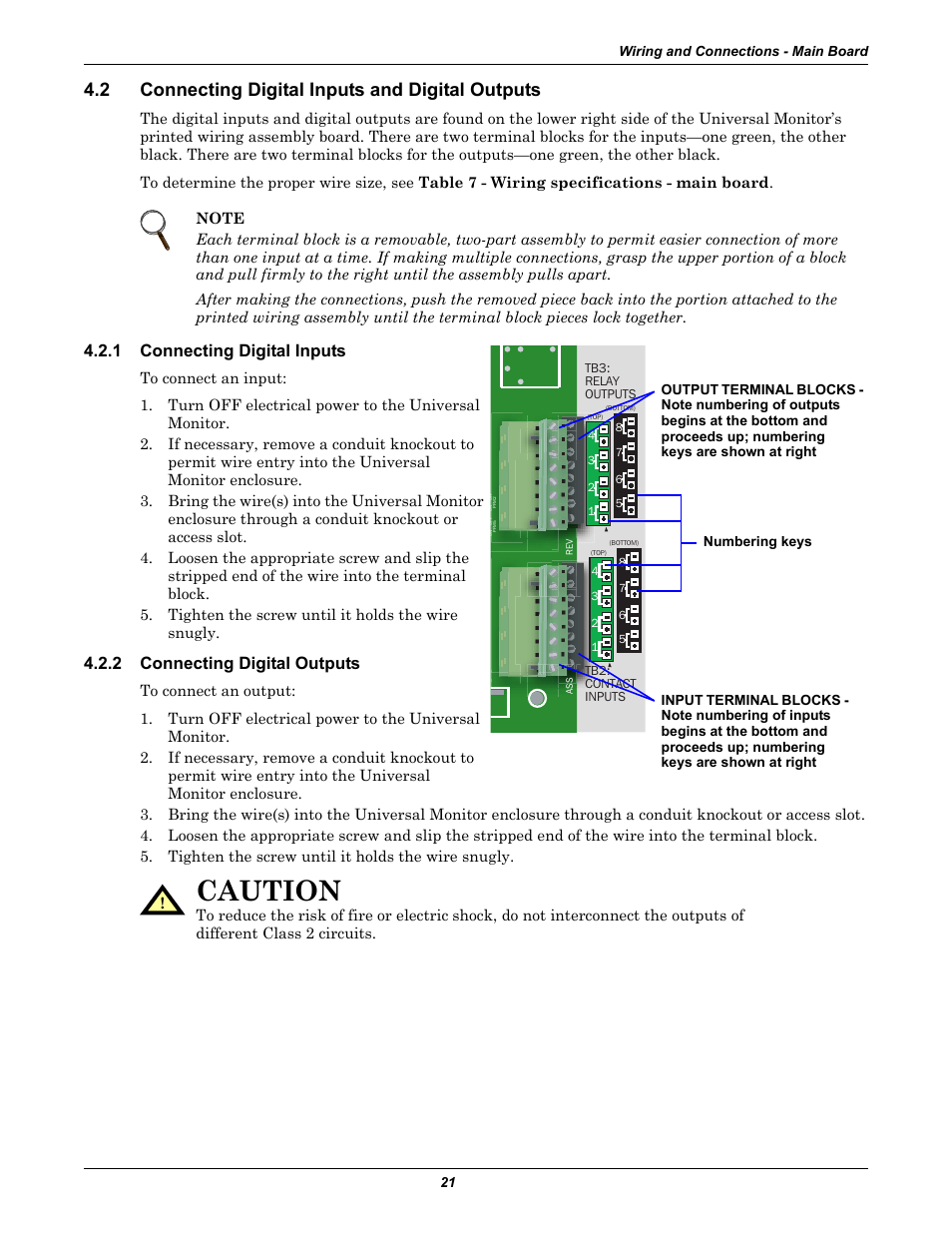 2 connecting digital inputs and digital outputs, 1 connecting digital inputs, 2 connecting digital outputs | Connecting digital inputs and digital outputs, Connecting digital inputs, Connecting digital outputs, Caution | Liebert Universal Monitor User Manual | Page 29 / 144