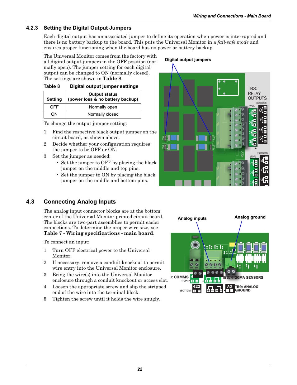 3 setting the digital output jumpers, Table 8 digital output jumper settings, 3 connecting analog inputs | Setting the digital output jumpers, Connecting analog inputs, Table 8, Digital output jumper settings, Setting the digital output, Jumpers | Liebert Universal Monitor User Manual | Page 30 / 144