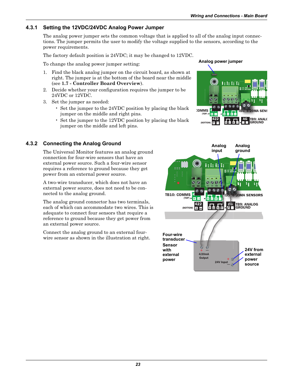 1 setting the 12vdc/24vdc analog power jumper, 2 connecting the analog ground, Setting the 12vdc/24vdc analog power jumper | Connecting the analog ground, Connecting the analog, Ground, Setting the 12vdc/24vdc, Analog power jumper | Liebert Universal Monitor User Manual | Page 31 / 144
