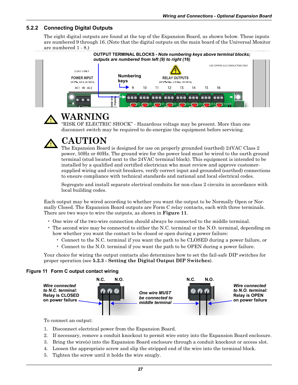 2 connecting digital outputs, Figure 11 form c output contact wiring, Connecting digital outputs | Warning, Caution | Liebert Universal Monitor User Manual | Page 35 / 144