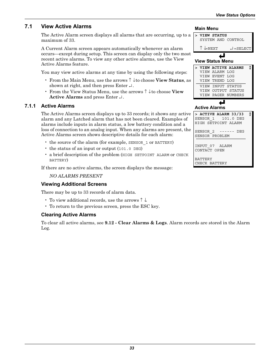 1 view active alarms, 1 active alarms, Viewing additional screens | Clearing active alarms, View active alarms, Active alarms | Liebert Universal Monitor User Manual | Page 41 / 144
