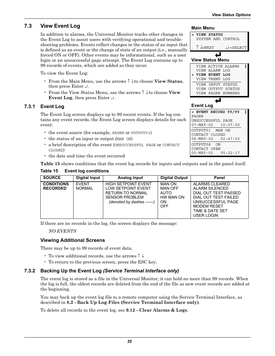 3 view event log, 1 event log, Table 15 event log conditions | Viewing additional screens, View event log, Event log, Backing up the event log, Table 15, Event log conditions | Liebert Universal Monitor User Manual | Page 43 / 144