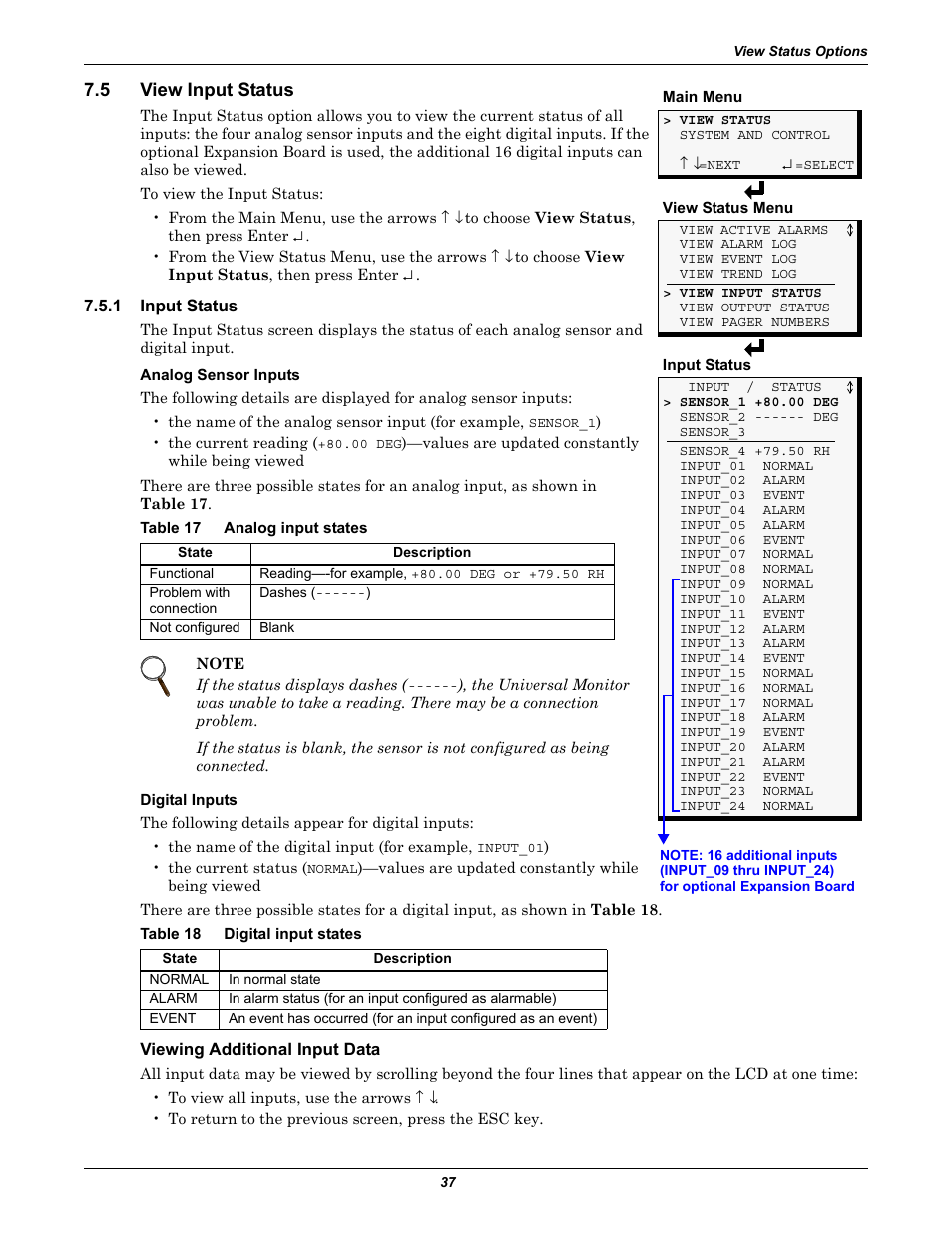 5 view input status, 1 input status, Table 17 analog input states | Table 18 digital input states, Viewing additional input data, View input status, Input status, Table 17, Analog input states, Table 18 | Liebert Universal Monitor User Manual | Page 45 / 144