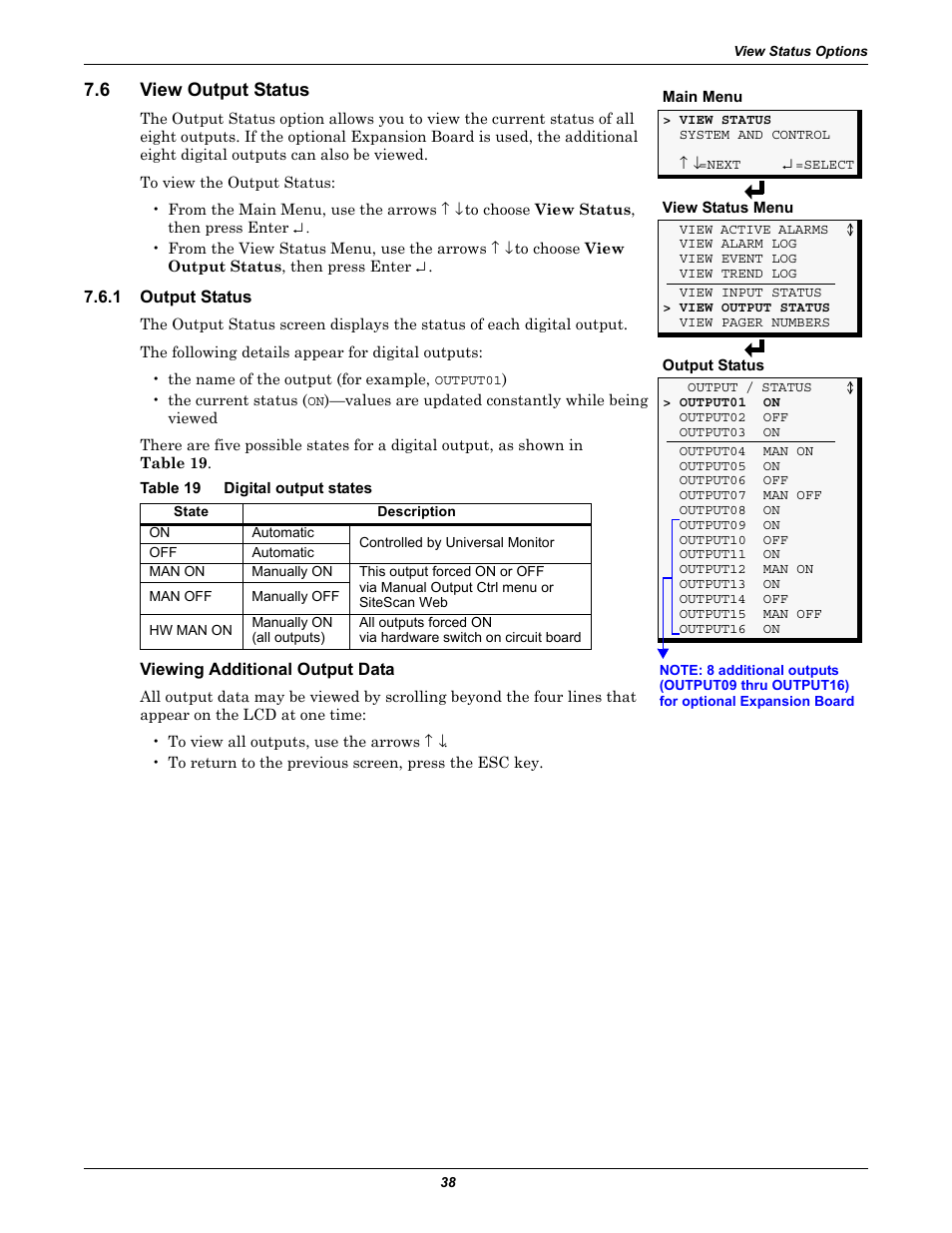 6 view output status, 1 output status, Table 19 digital output states | Viewing additional output data, View output status, Output status, Table 19, Digital output states | Liebert Universal Monitor User Manual | Page 46 / 144