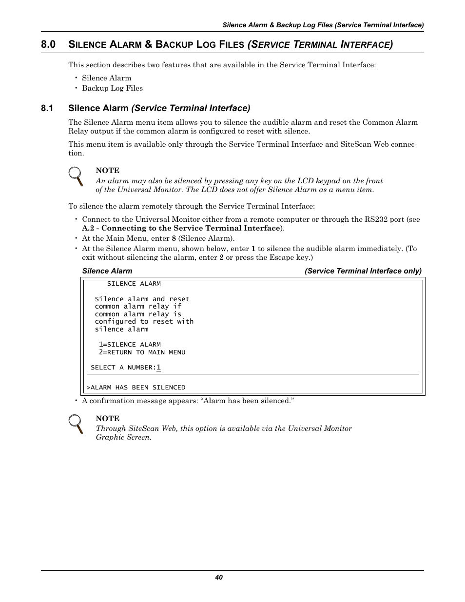 1 silence alarm (service terminal interface), Ilence, Larm | Ackup, Iles, Silence alarm (s, Silence alarm | Liebert Universal Monitor User Manual | Page 48 / 144