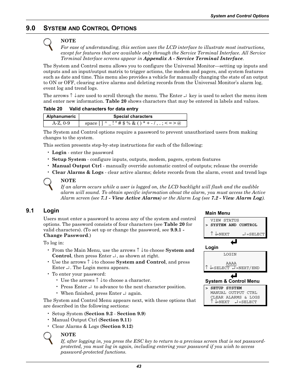 0 system and control options, Table 20 valid characters for data entry, 1 login | Ystem, Ontrol, Ptions, Login, Table 20, Valid characters for data entry, 0 . t | Liebert Universal Monitor User Manual | Page 51 / 144