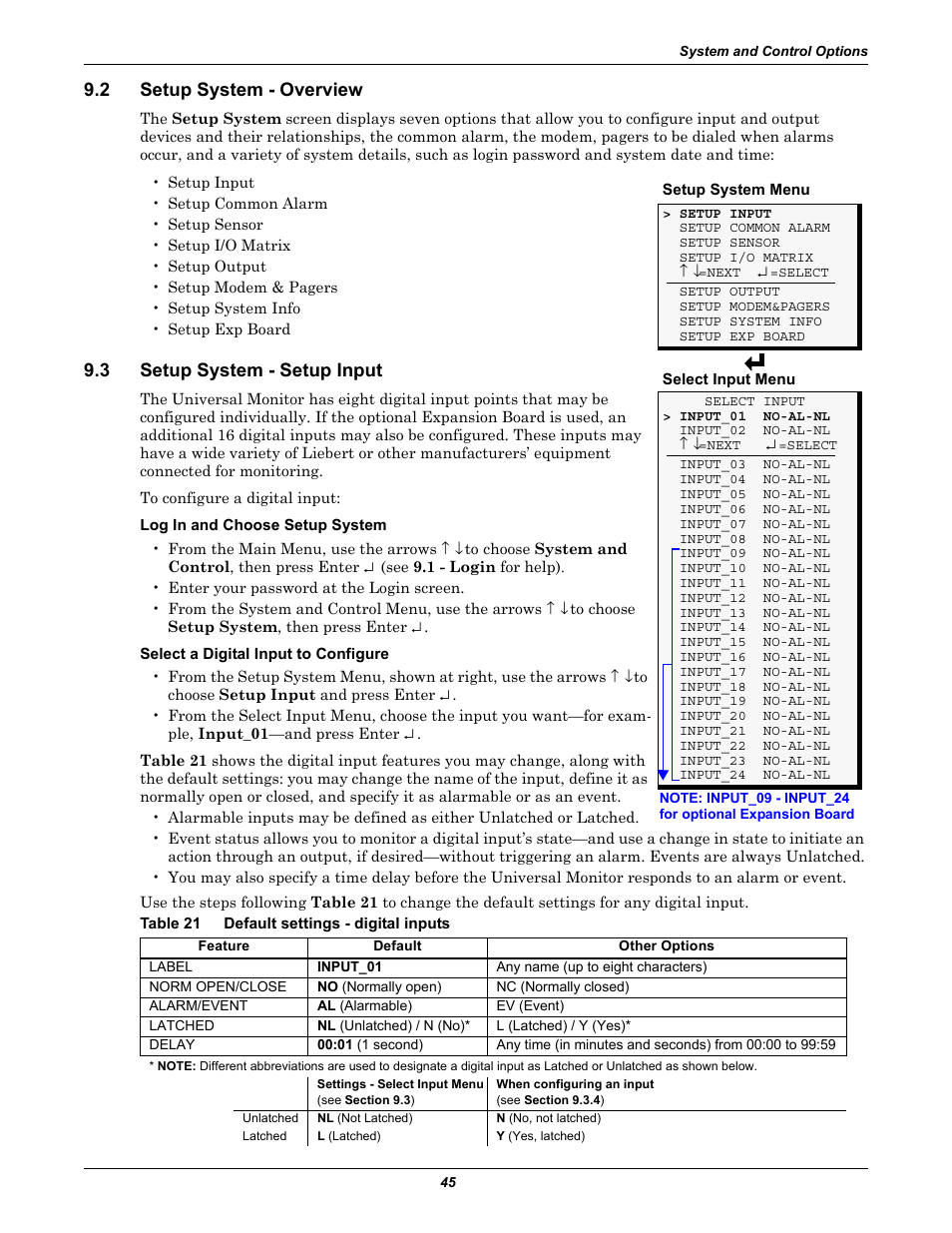 2 setup system - overview, 3 setup system - setup input, Table 21 default settings - digital inputs | Setup system - overview, Setup system - setup input, Table 21, Default settings - digital inputs, Setup system, Setup input | Liebert Universal Monitor User Manual | Page 53 / 144