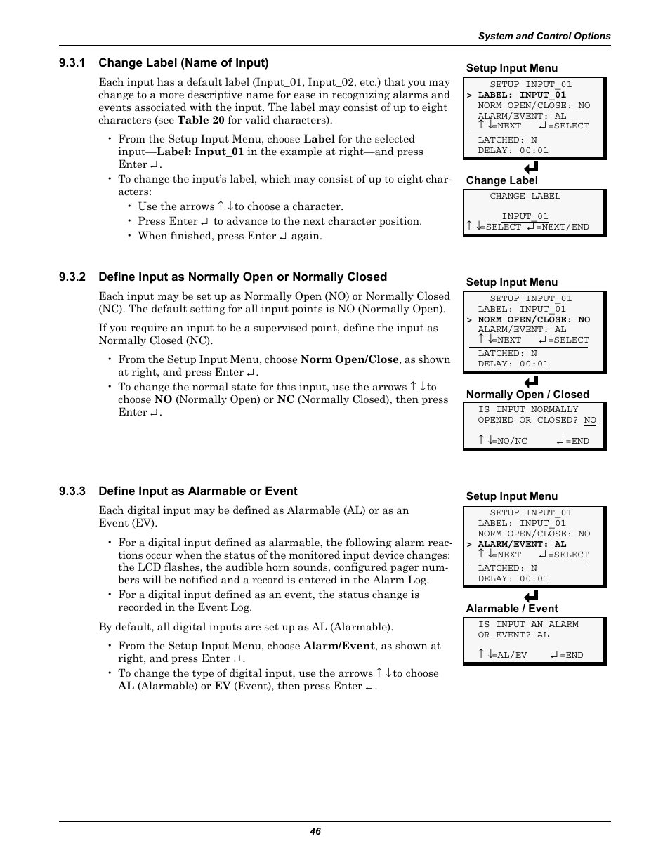 1 change label (name of input), 2 define input as normally open or normally closed, 3 define input as alarmable or event | Change label (name of input), Define input as normally open or normally closed, Define input as alarmable or event | Liebert Universal Monitor User Manual | Page 54 / 144