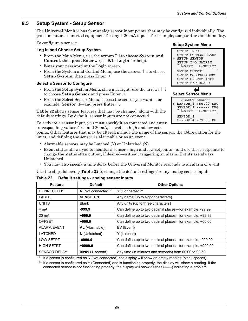 5 setup system - setup sensor, Table 22 default settings - analog sensor inputs, Setup system - setup sensor | Table 22, Default settings - analog sensor inputs, Setup system - setup, Sensor, Setup sensor | Liebert Universal Monitor User Manual | Page 57 / 144