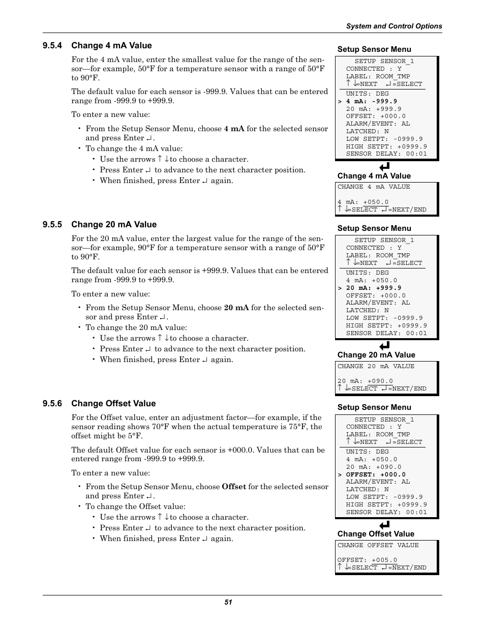 4 change 4 ma value, 5 change 20 ma value, 6 change offset value | Change 4 ma value, Change 20 ma value, Change offset value | Liebert Universal Monitor User Manual | Page 59 / 144