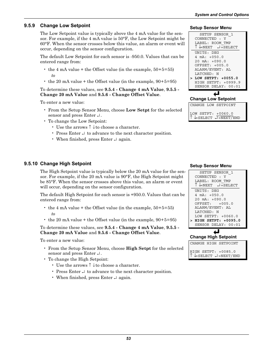 9 change low setpoint, 10 change high setpoint, Change low setpoint | Liebert Universal Monitor User Manual | Page 61 / 144